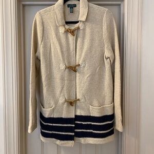 Ralph Lauren L Beach Nautical Toggle Knit Sweater Beige Navy Stripe